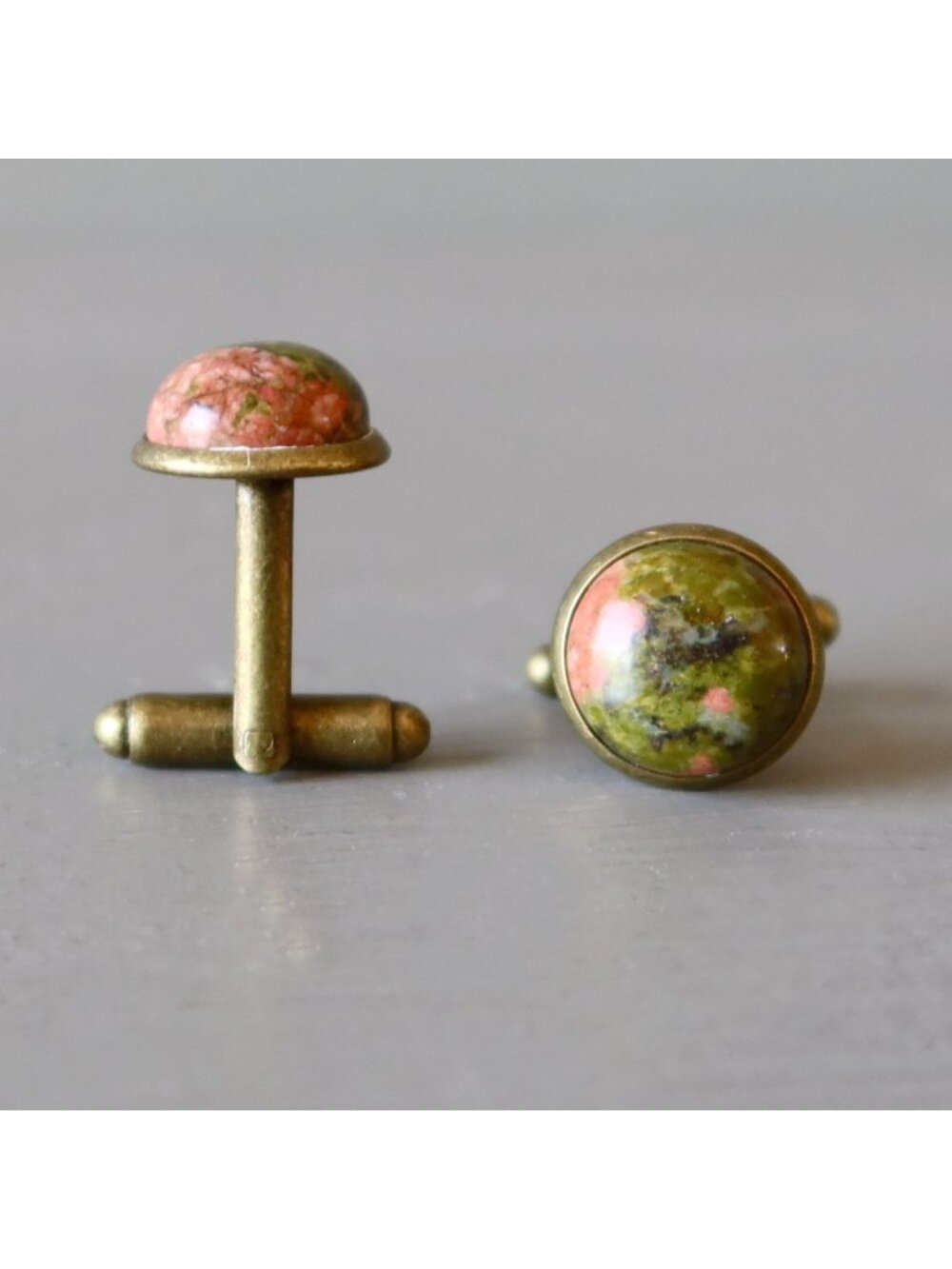 Unakite Cufflinks Pink Green Round Gemstones Antiqued Bronze Unisex Accessories